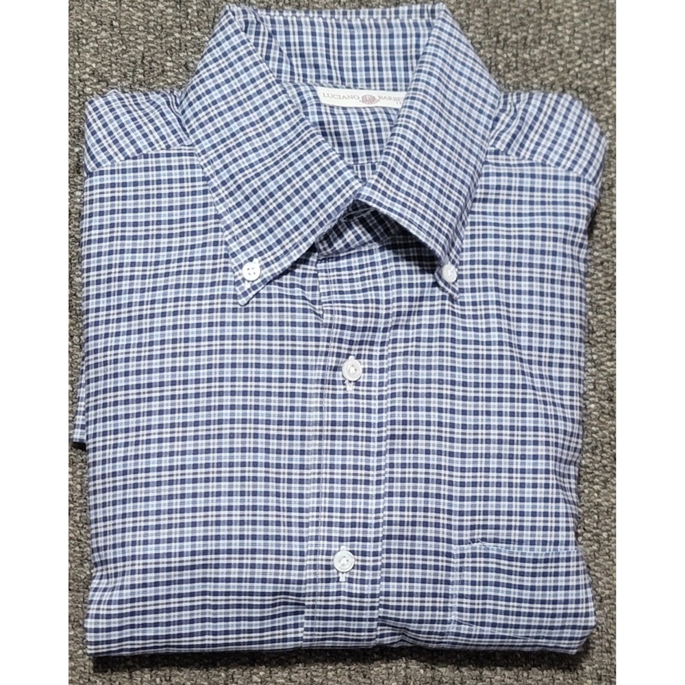 Luciano Barbera Men's Blue Plaid Check Cotton Sport Shirt Size Medium